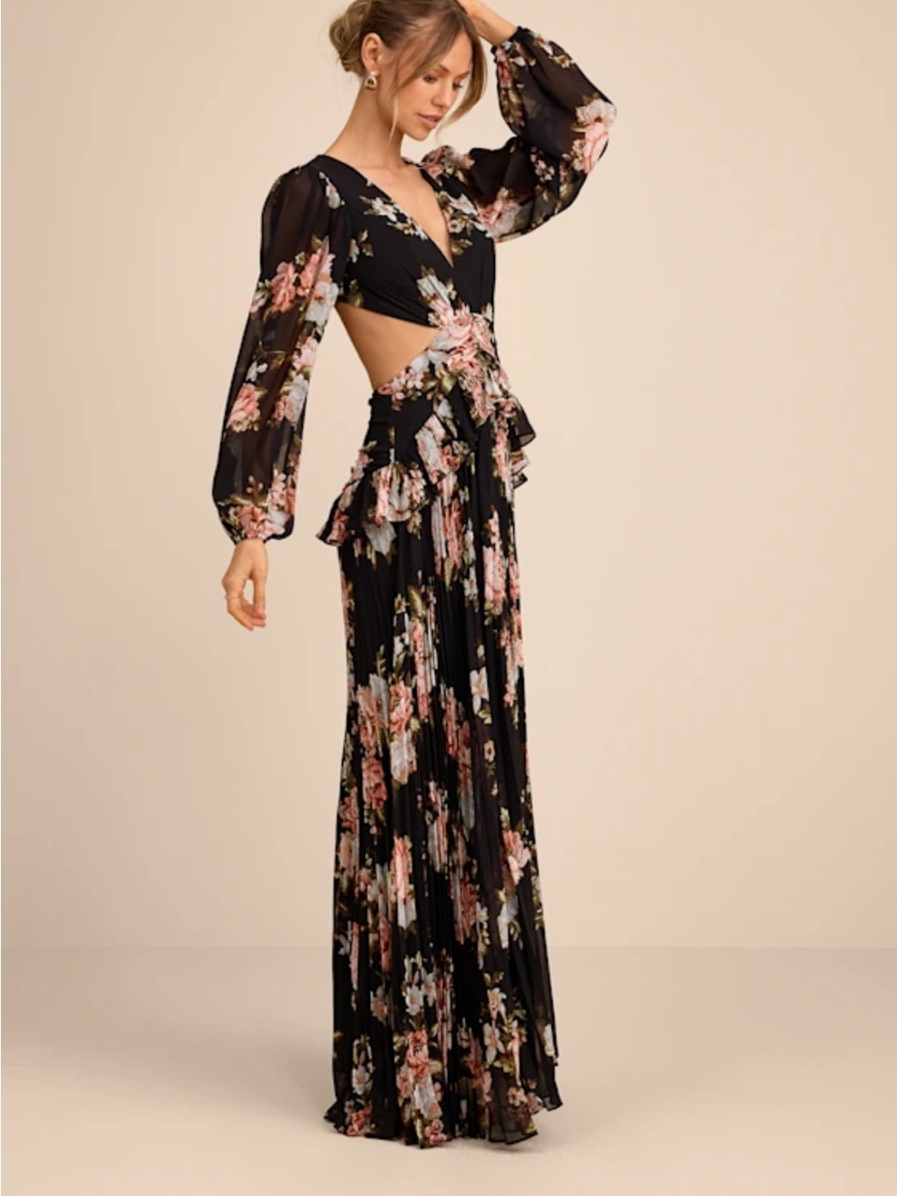 Lulu's Black Floral Cutout Maxi Dress with Pink Blooms